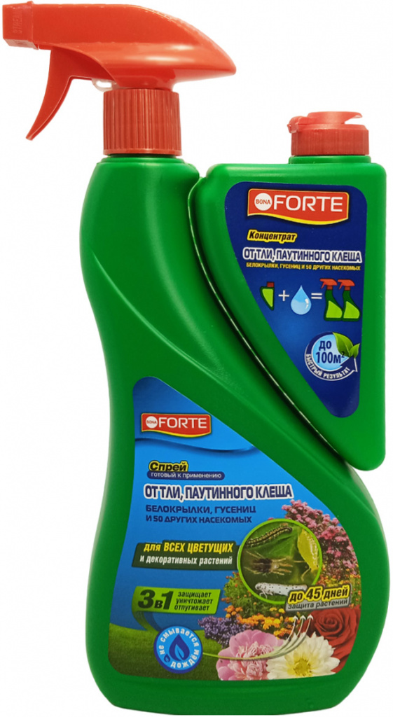 СпрейBona Forte + концентрат от тли, паутинного клеща и других насекомых, флакон 750мл+250мл средство для защиты от тли и паутинного клеща спрей bona forte 250 мл